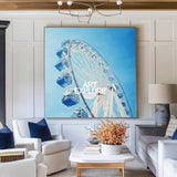 Large Blue Ferris Wheel Art Painting Blue Textured Wall Art Painting Modern Living Room Wall Art