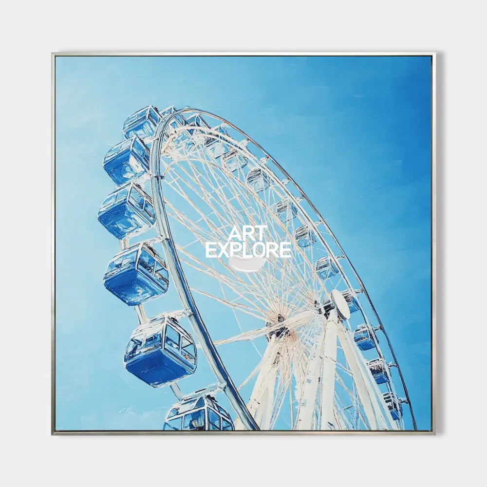 Large Blue Ferris Wheel Art Painting Blue Textured Wall Art Painting Modern Living Room Wall Art