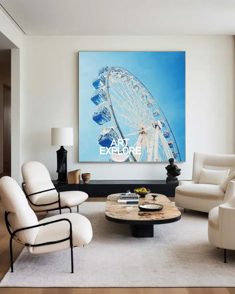 Large Blue Ferris Wheel Art Painting Blue Textured Wall Art Painting Modern Living Room Wall Art