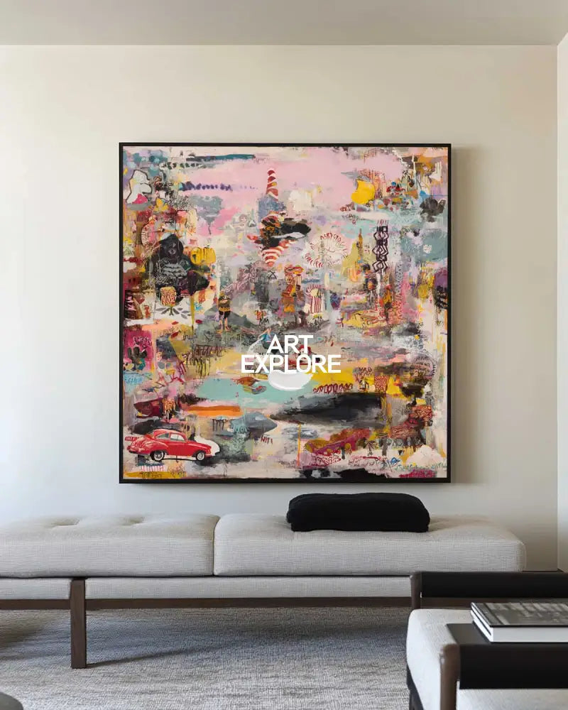ArtExplore Modern Graffiti Painting – Oversized Pink Textured Canvas for Contemporary Home Décor