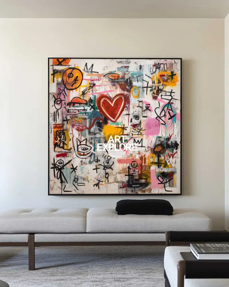 Bold Heart Graffiti Painting – Large Modern Texture Canvas for Lounge or Office – ArtExplore