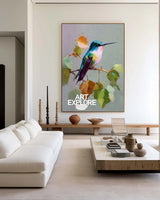 Realistic Blue Hummingbird Oil on Canvas | Large Vertical Home Decor | ArtExplore