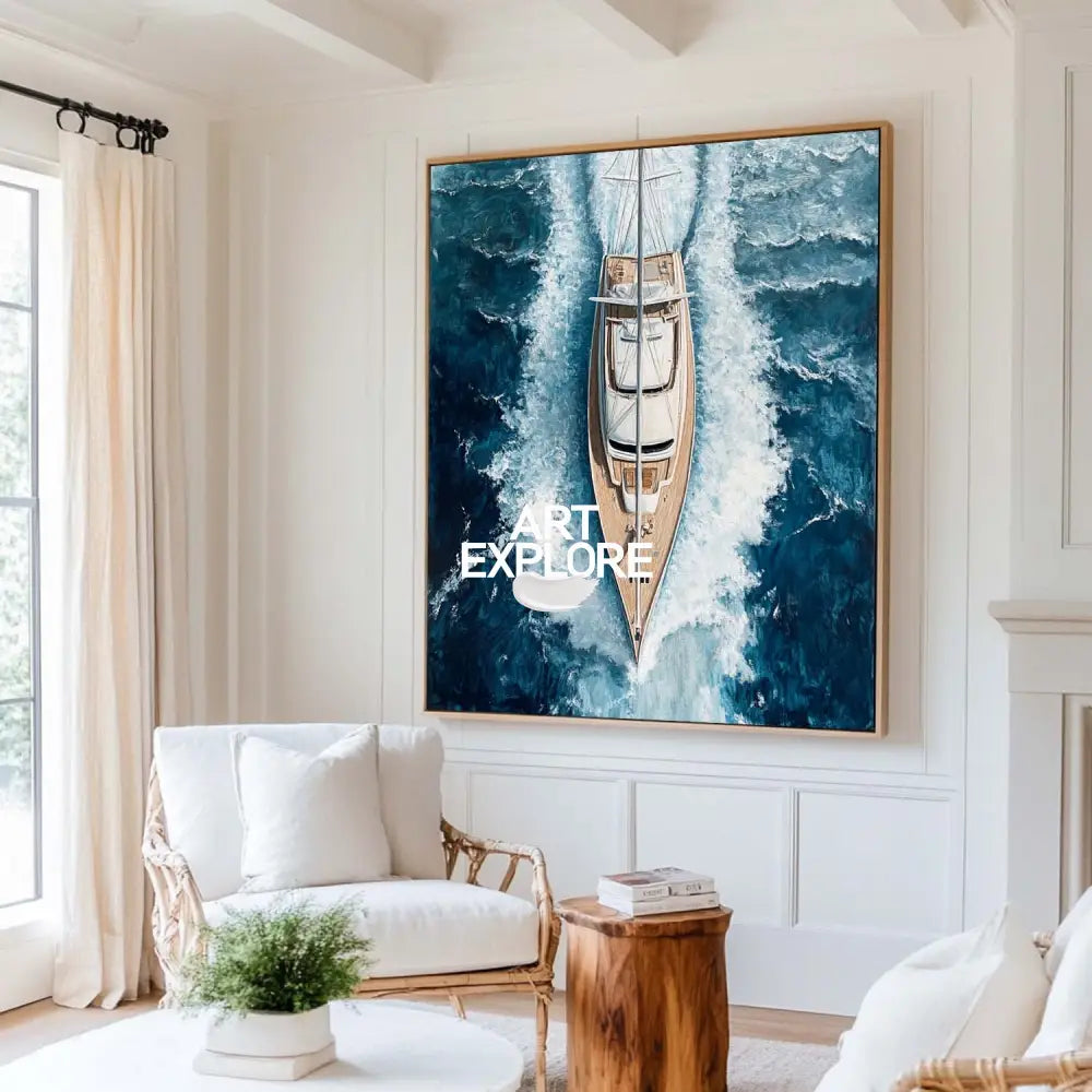 Large Sea Ship Canvas Wall Art Blue White Ship Wall Art Modern Fine Art Paintings for Sale