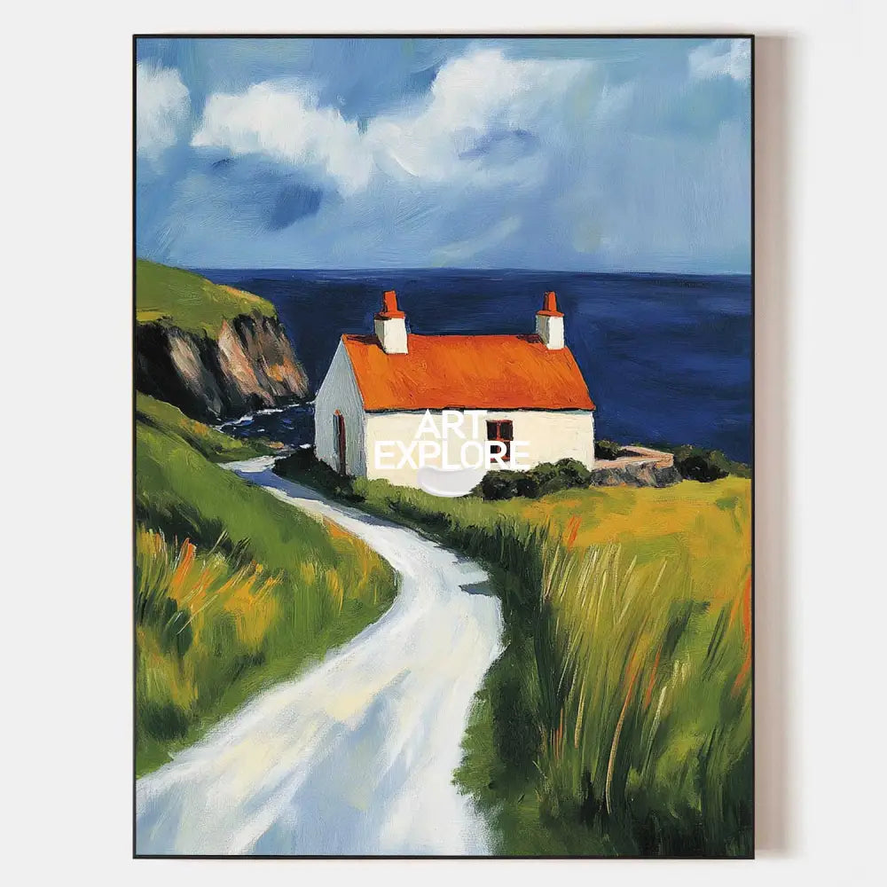 Red Cabin View Wall Art Large Textured Field Scenery Wall Art Modern Fine Art Paintings for Sale