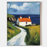 Red Cabin View Wall Art Large Textured Field Scenery Wall Art Modern Fine Art Paintings for Sale