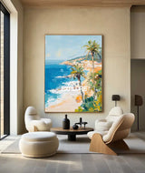 Modern Hawaiian Landscape Painting Palm Beach Wall Painting Blue Textured Seaside Wall Art for Sale