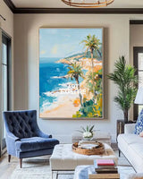 Modern Hawaiian Landscape Painting Palm Beach Wall Painting Blue Textured Seaside Wall Art for Sale