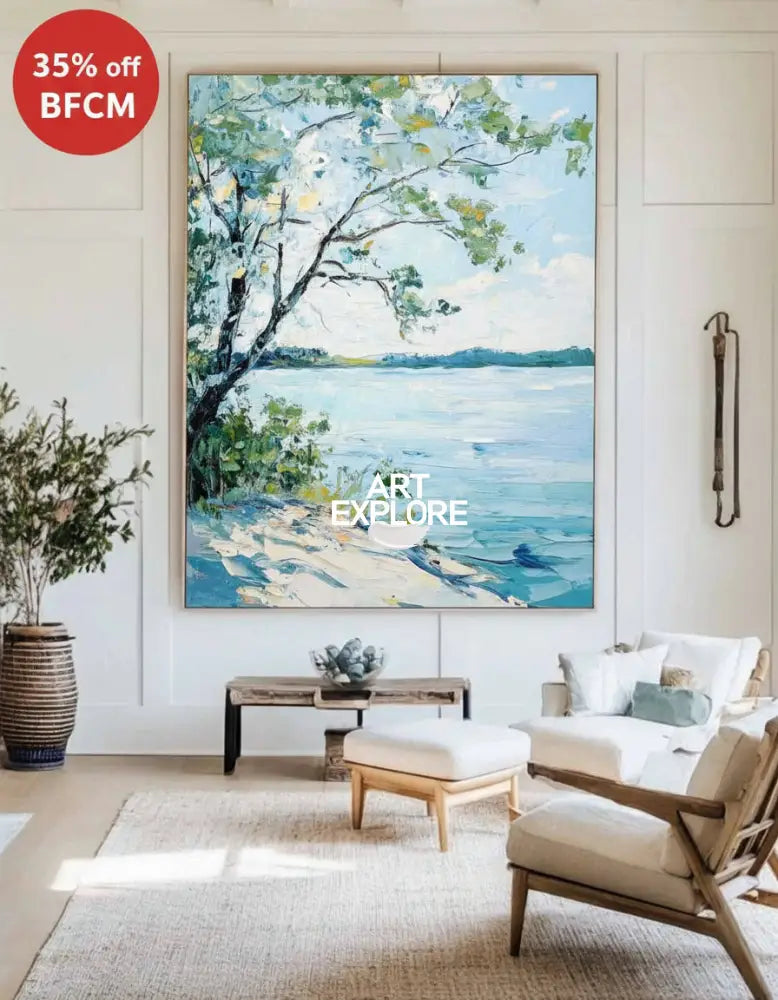 Modern Blue Lake View Painting Large Landscape Painting Blue Textured Lake Wall Art for Sale