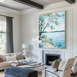 Modern Blue Lake View Painting Large Landscape Painting Blue Textured Lake Wall Art for Sale