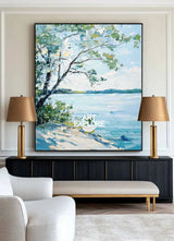 Modern Blue Lake View Painting Large Landscape Painting Blue Textured Lake Wall Art for Sale