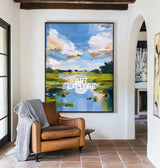 Modern Blue Lake Landscape Painting Large Pond Oil Painting Blue Green Texture Abstract Wall Art