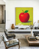 ArtExplore Modern Apple Painting – Bold Handmade Wall Art for Large Living Spaces, Vibrant Red and Yellow Pop Art