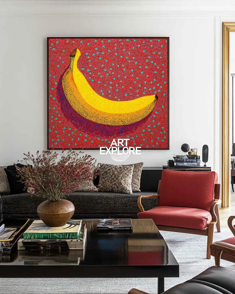 ArtExplore Pop Art Banana Painting – Bold Handmade Yayoi Kusama Wall Art Large Living Room Wall Art