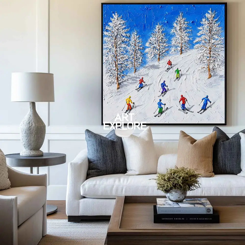 Skiing Canvas Painting Winter Wall Art Modern Snow Wall Art Framed White Painting For Livingroom