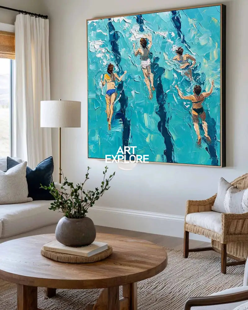 Blue Swimming Painting Swimming Girl Textured Wall Art Modern Sport Textured Painting For Hallway