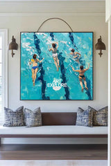 Blue Swimming Painting Swimming Girl Textured Wall Art Modern Sport Textured Painting For Hallway
