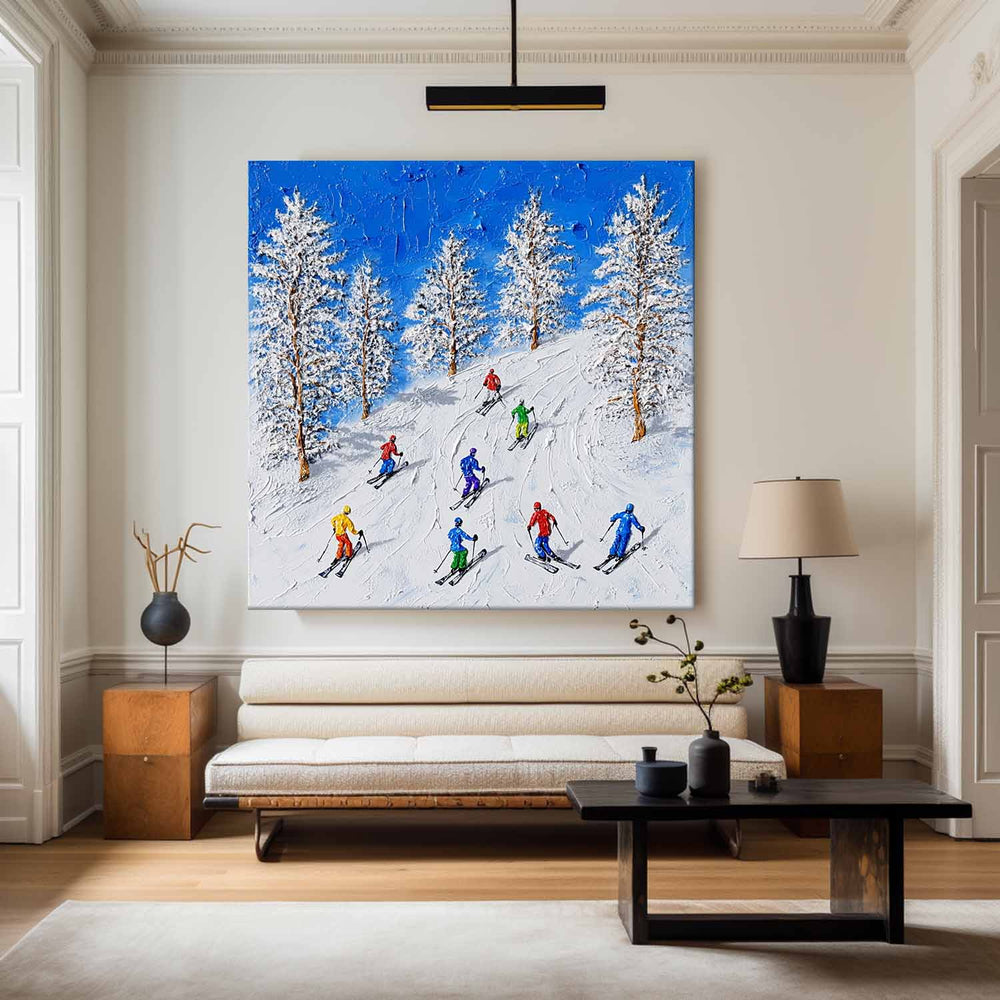 Skiing Canvas Painting Winter Wall Art Modern Snow Wall Art Framed White Painting For Livingroom