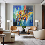 Blue Art Painting Colorful Rich Texture Canvas Art Modern Bauhaus Art Large Abstract For Sale