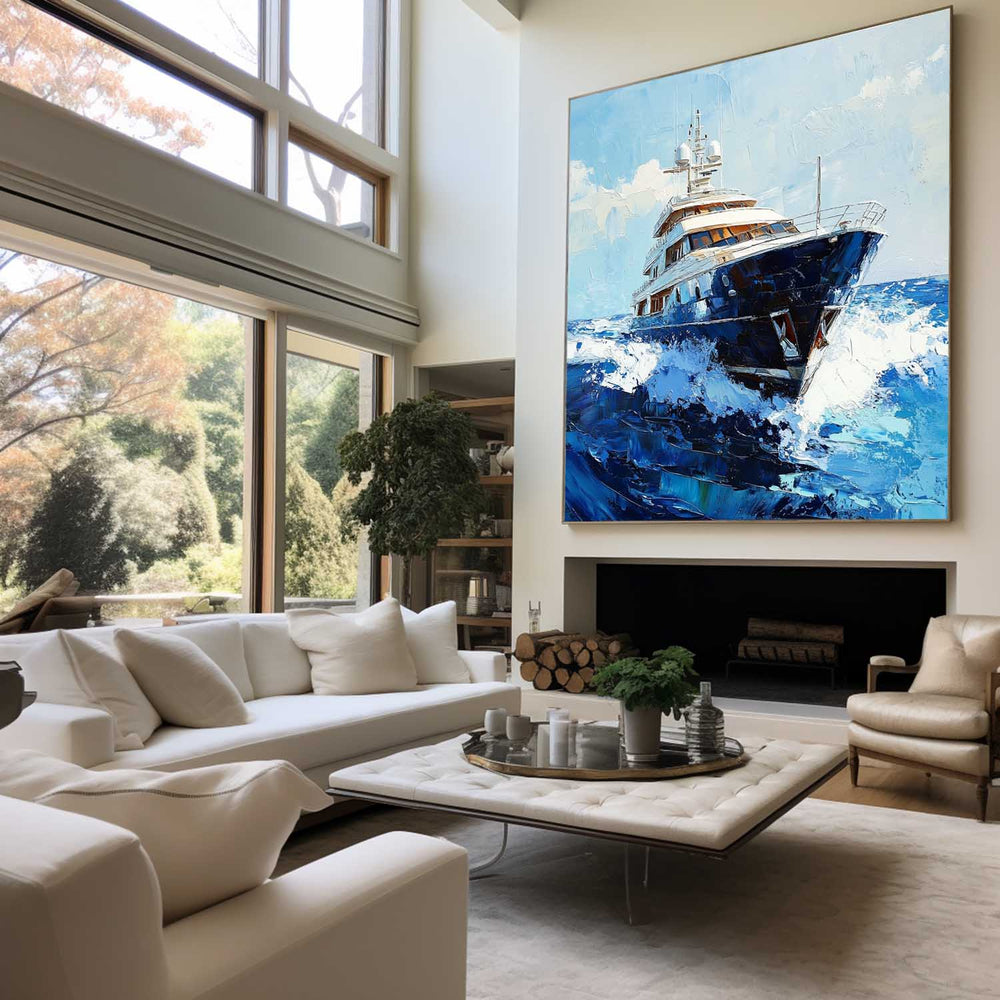 Large Sea Ship Wall Art Blue Cruise Ship Painting Textured Wall Art Painting Living Room Wall Art