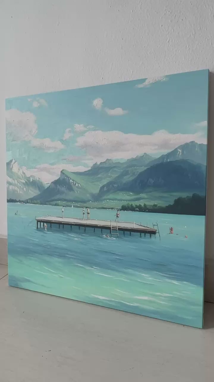 Modern Blue Lake Painting Canvas Art of Swimmers in the Blue Lake Original Hand Painted Acrylic Painting Art