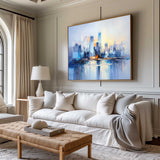 Large Urban Painting Blue Cityscape Painting Rich Textured Palette Knife Artworks For Sale