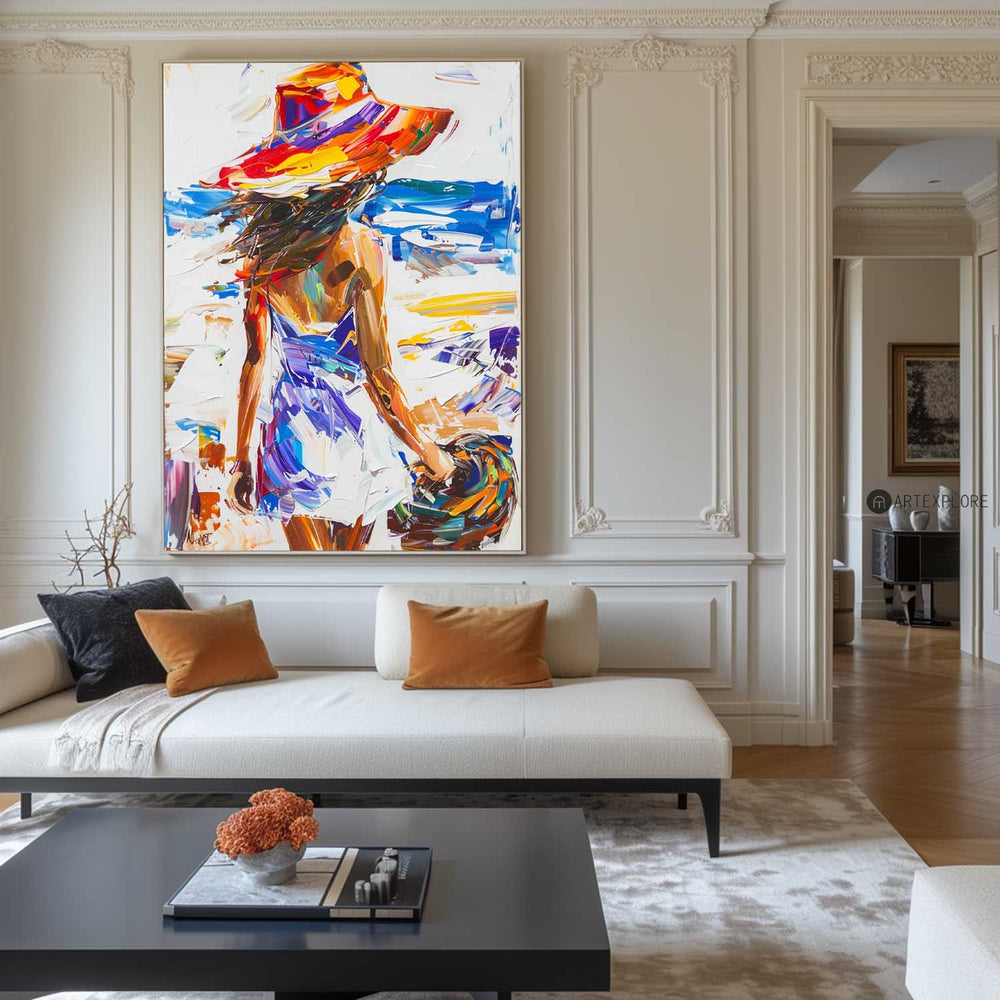 Original Abstract Woman In White Dress Oil Painting,Minimalist Colourful Apartment Decor,Beautiful Girl With A Hat