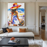Original Abstract Woman In White Dress Oil Painting,Minimalist Colourful Apartment Decor,Beautiful Girl With A Hat