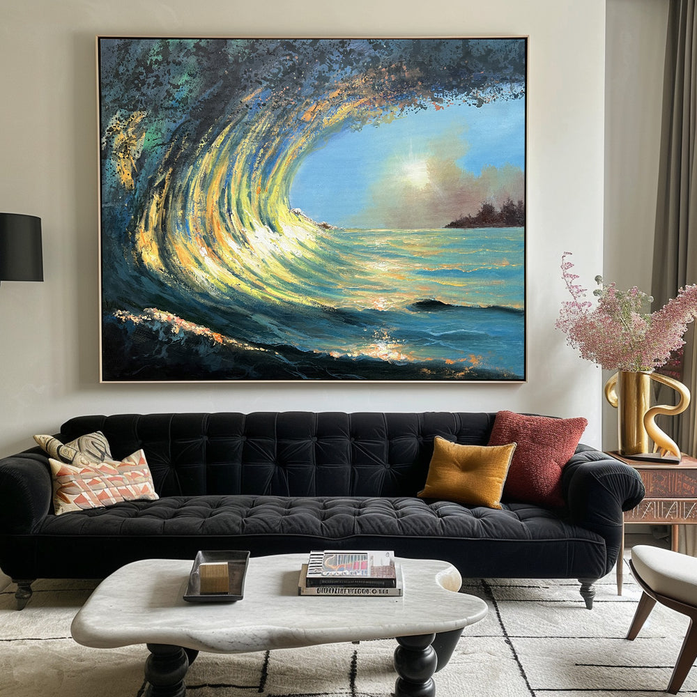 Sunrise And Wave Landscape Acrylic Painting Large Wave Canvas Art Huge Ocean Wave Art For Living Room Wall Art
