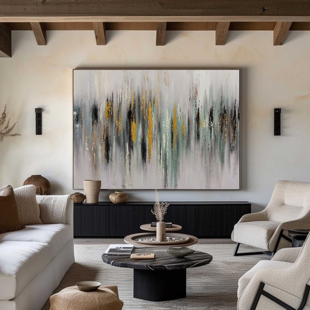 Modern Gray Gold Foil Abstract Decor Painting Canvas Wall Art Minimalist Painting Living Room Sofa Art Painting