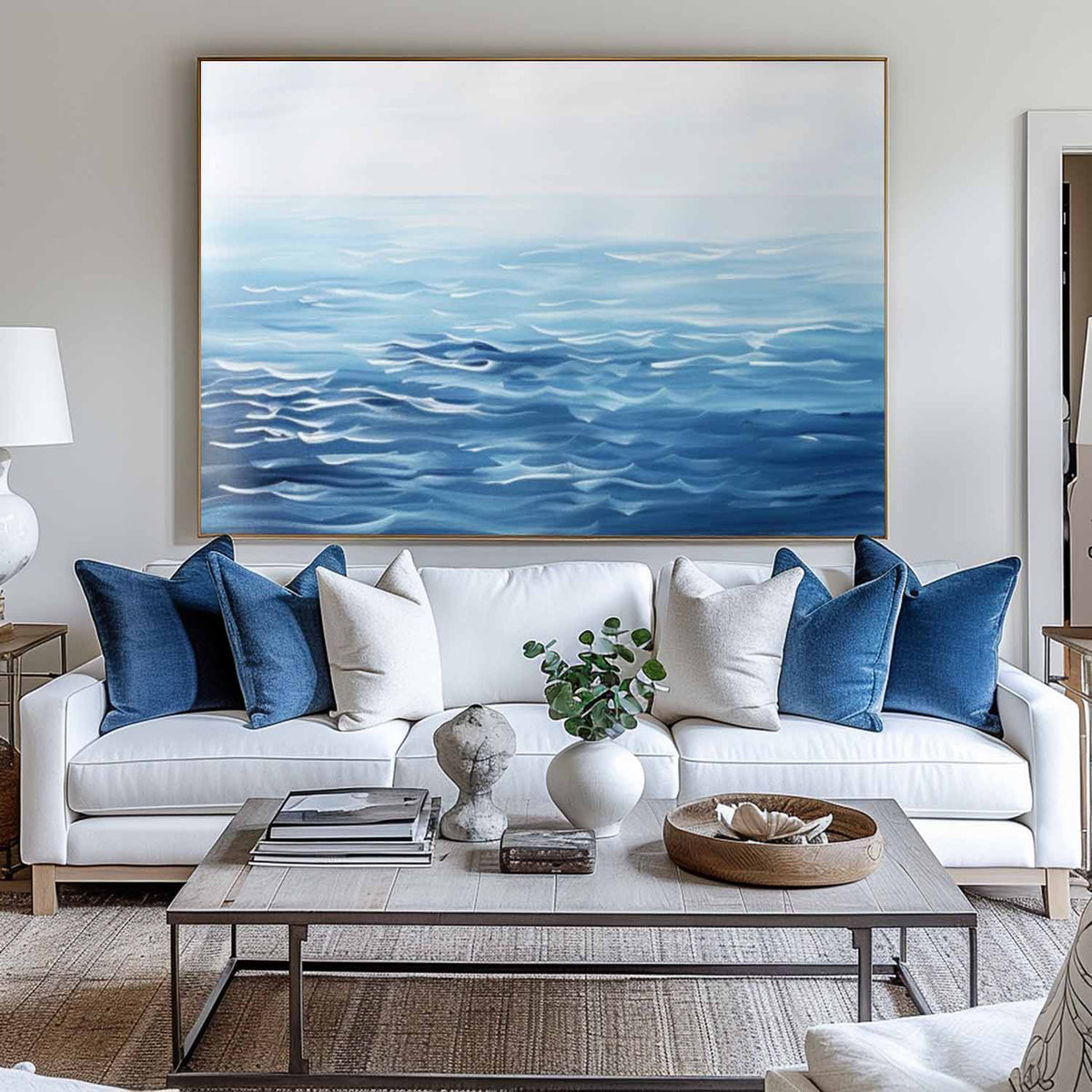 Large Blue Wave Art Oil Painting Horizontal Canvas Blue Ocean Paintings For Sale