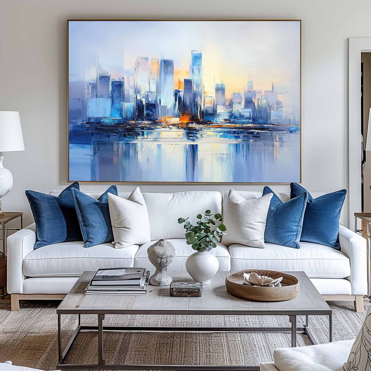 Large Urban Painting Blue Cityscape Painting Rich Textured Palette Knife Artworks For Sale
