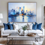 Large Urban Painting Blue Cityscape Painting Rich Textured Palette Knife Artworks For Sale
