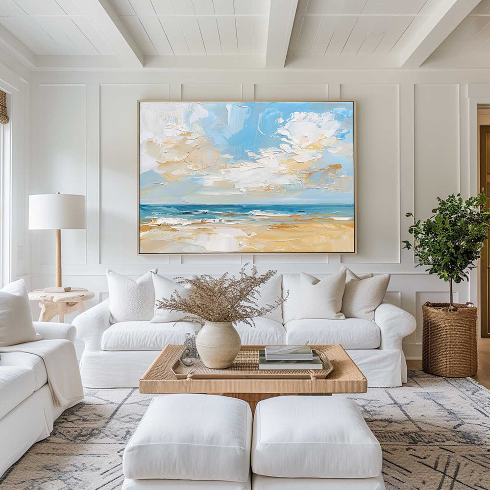 Abstract Blue Beach Canvas Wall Art Original Seascape Acrylic Painting Contemporary Ocean Art