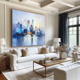 Large Urban Painting Blue Cityscape Painting Rich Textured Palette Knife Artworks For Sale