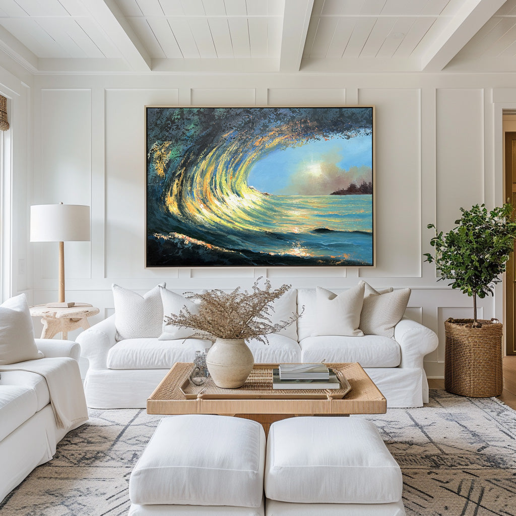 Sunrise And Wave Landscape Acrylic Painting Large Wave Canvas Art Huge Ocean Wave Art For Living Room Wall Art