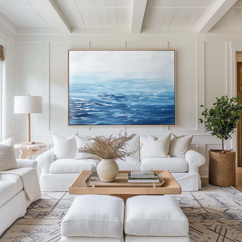 Large Blue Wave Art Oil Painting Horizontal Canvas Blue Ocean Paintings For Sale