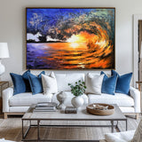 Big Sunset And Wave Landscape Acrylic Painting On Canvas Large Sunset Canvas Art Huge Ocean Wave Art For Living Room Decor