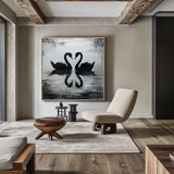 Abstract Original Black Swan on Canvas Painting Large Canvas Art Minimalist Plaster Art Wall Decor