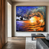 Big Sunset And Wave Landscape Acrylic Painting On Canvas Large Sunset Canvas Art Huge Ocean Wave Art For Living Room Decor