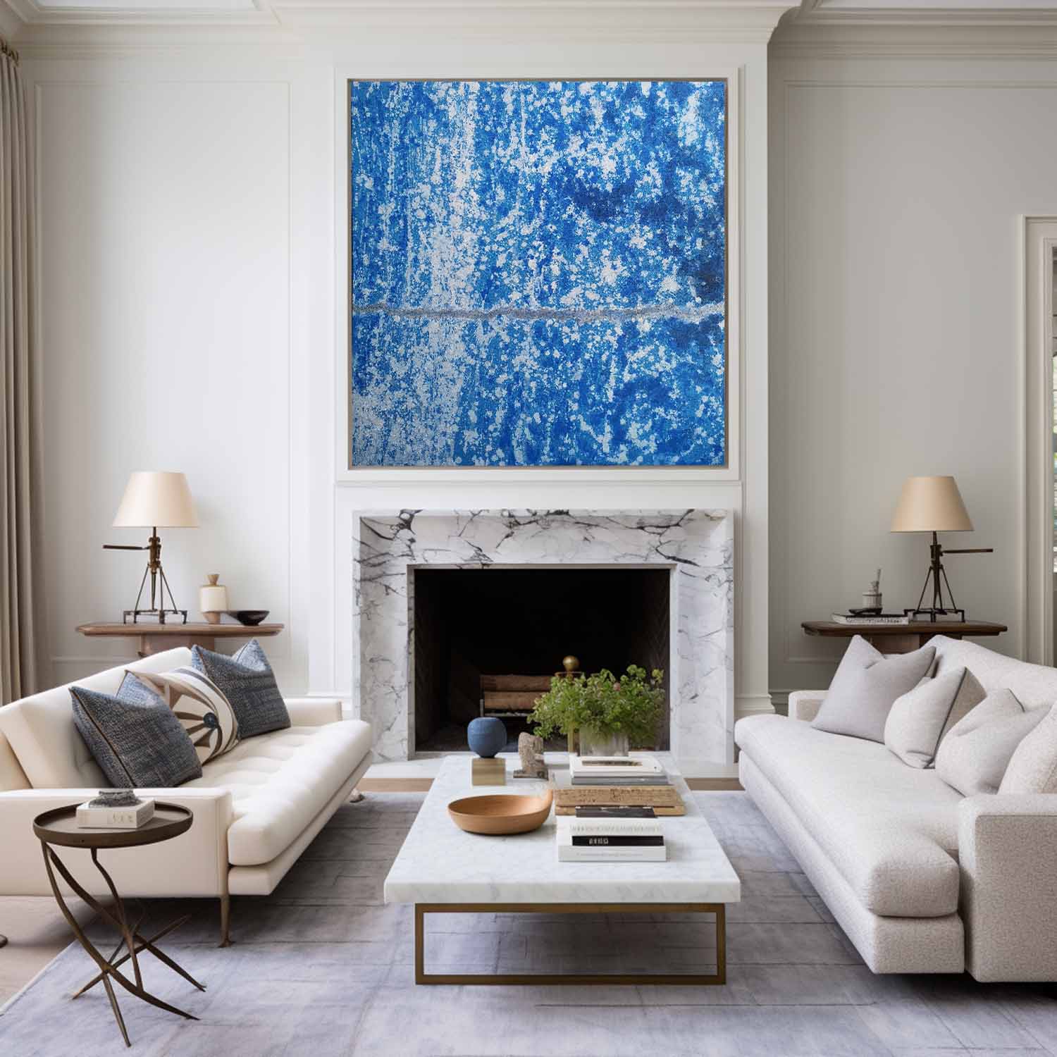 Large Blue Pollock Wall Art Bauhaus Painting Square Abstract Wall Art Original Canvas Art For Sale