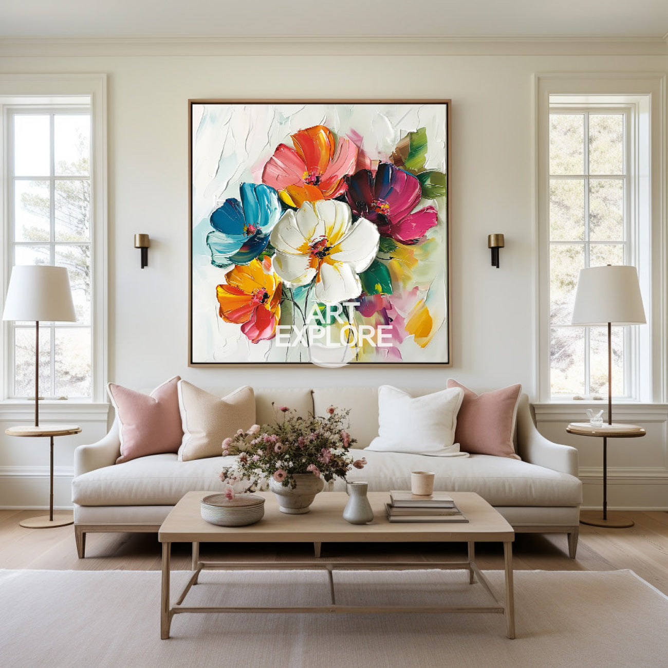 Large 3D Flowers Canvas Modern Colourful Custom Artwork Art Boho Wall Art For Livingroom