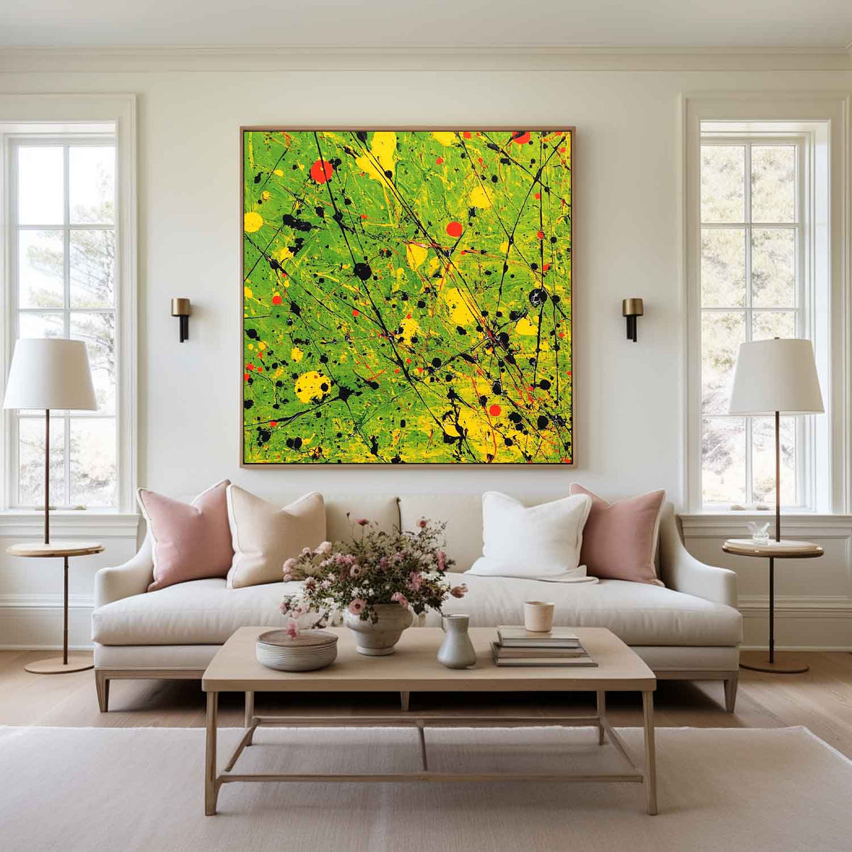 Large Green Canvas Wall Art Green Bold Textured Painting Jackson Pollock Art Painting For Livingroom