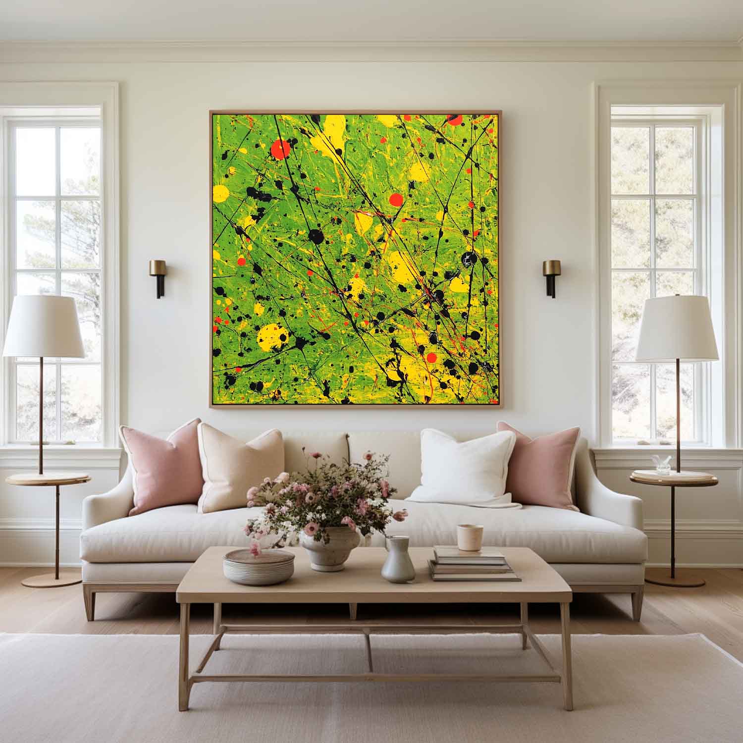 Large Green Canvas Wall Art Green Bold Textured Painting Jackson Pollock Art Painting For Livingroom