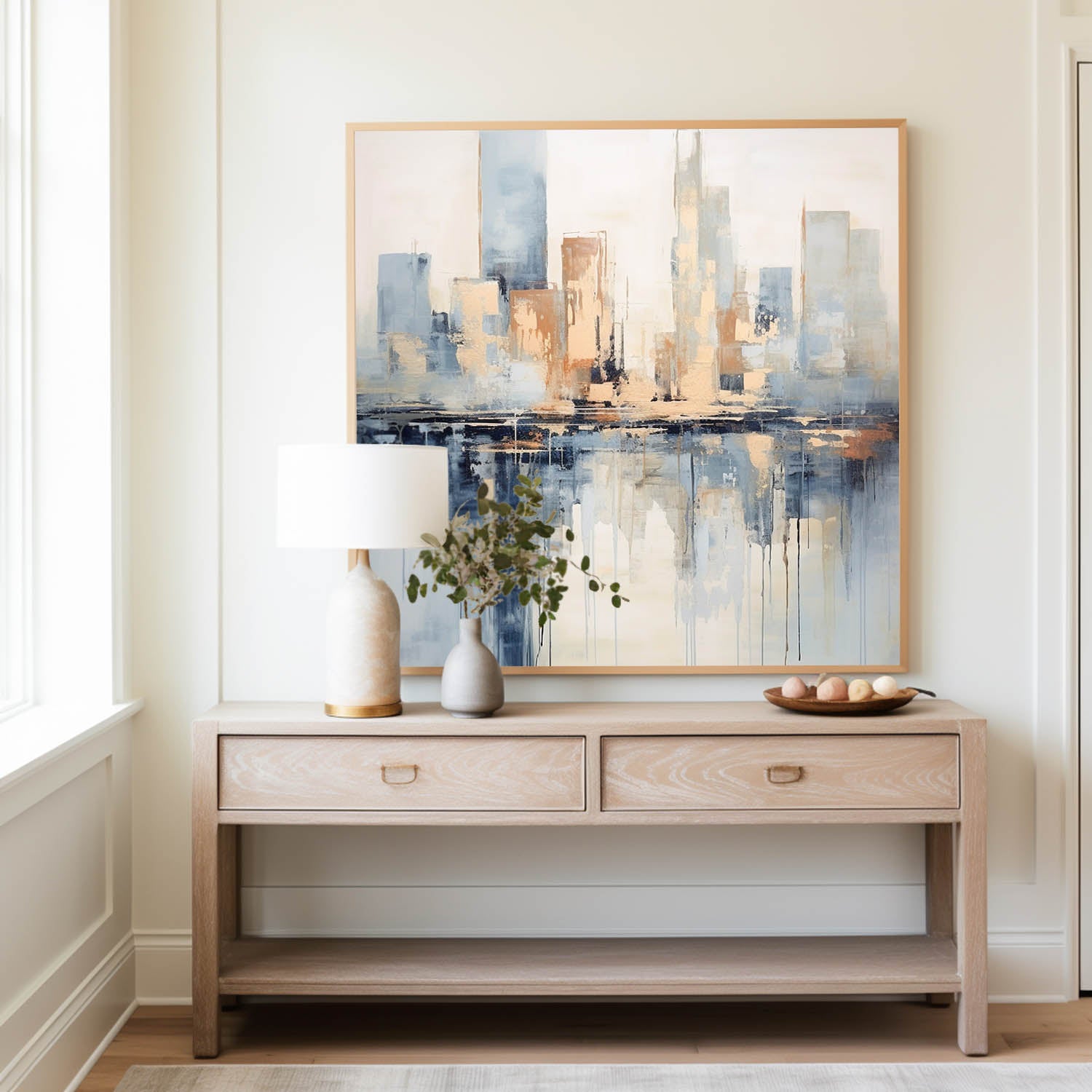 Modern Blue Skyline Canvas Wall Art Abstract Painting With Acrylic Cityscape Canvas Art Large city painting