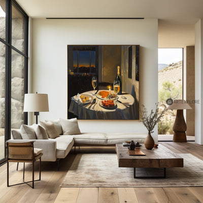 Large American Realism Wall Paintings Large Framed Canvas Art Romantic Candlelight Dinner in New York