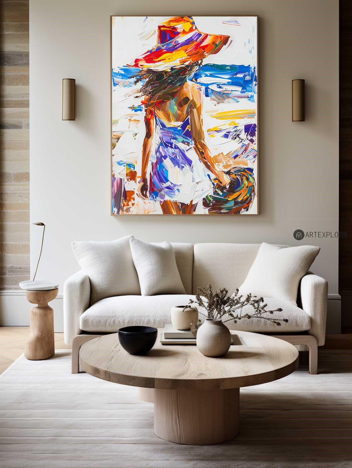Original Abstract Woman In White Dress Oil Painting,Minimalist Colourful Apartment Decor,Beautiful Girl With A Hat