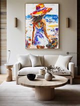 Original Abstract Woman In White Dress Oil Painting,Minimalist Colourful Apartment Decor,Beautiful Girl With A Hat