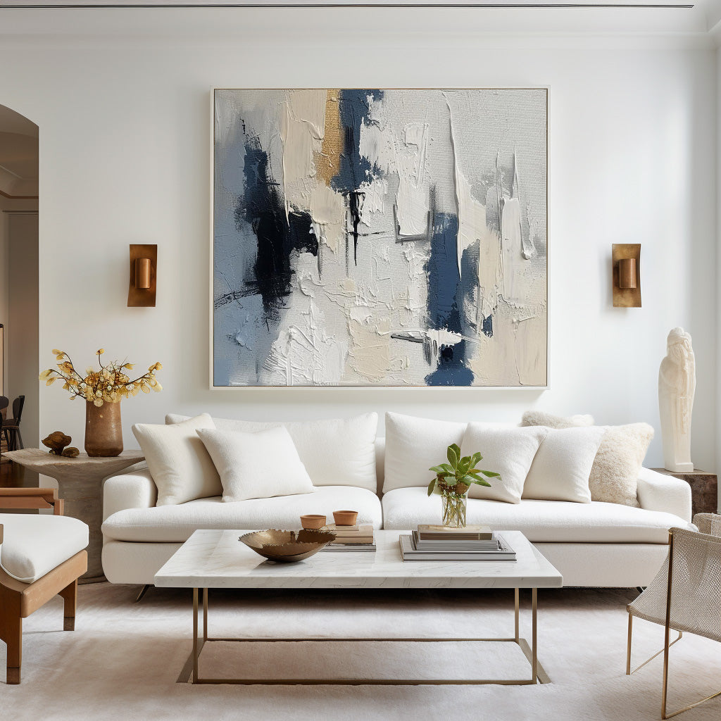 Beige And Blue Textured Modern Plaster Wall Art Large White Blue Minimalist Canvas Abstract Painting For Sale
