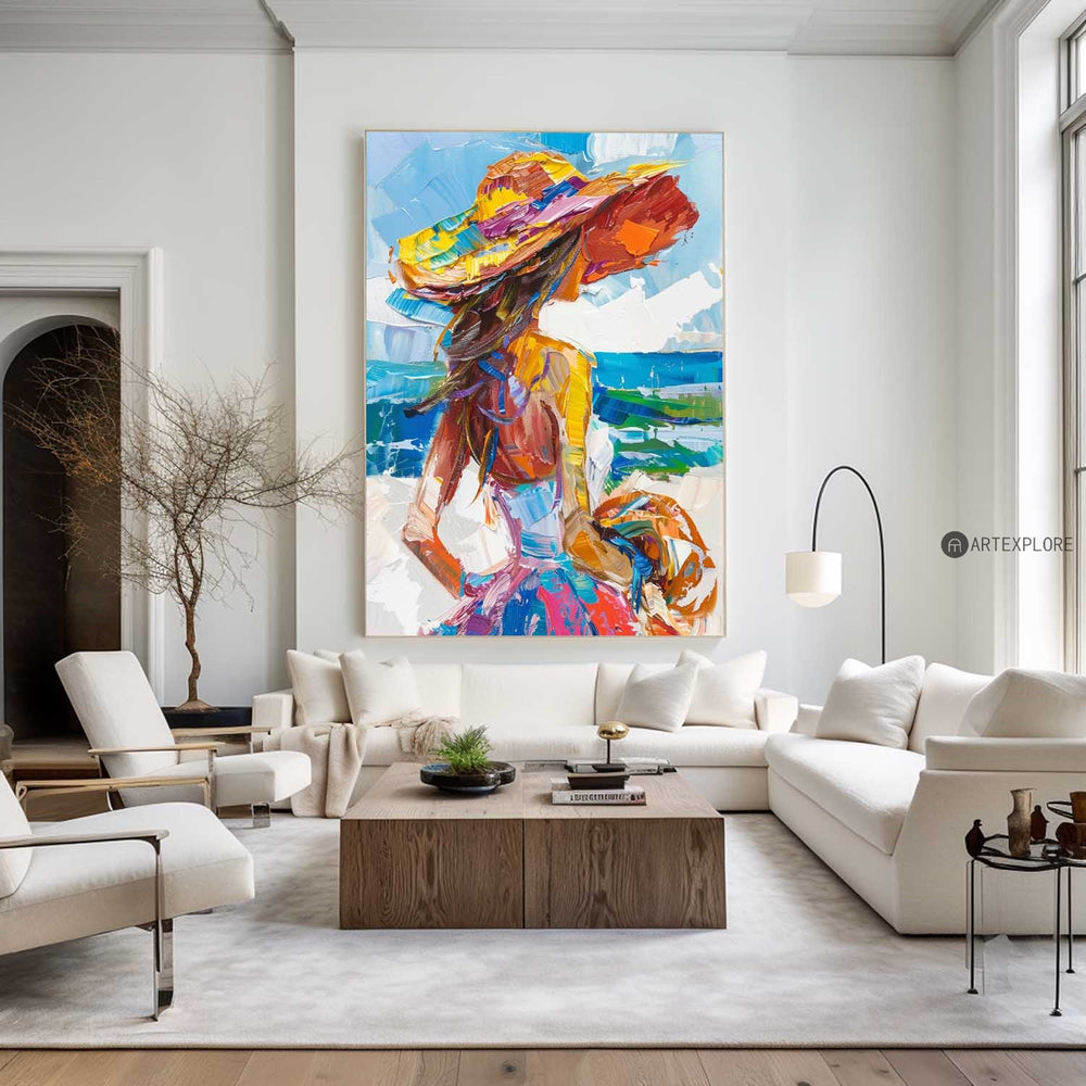 Girl On The Ocean Abstract Oil Painting, Joyful Woman At A Hawaiian Beach Art, Unique Colorful Art