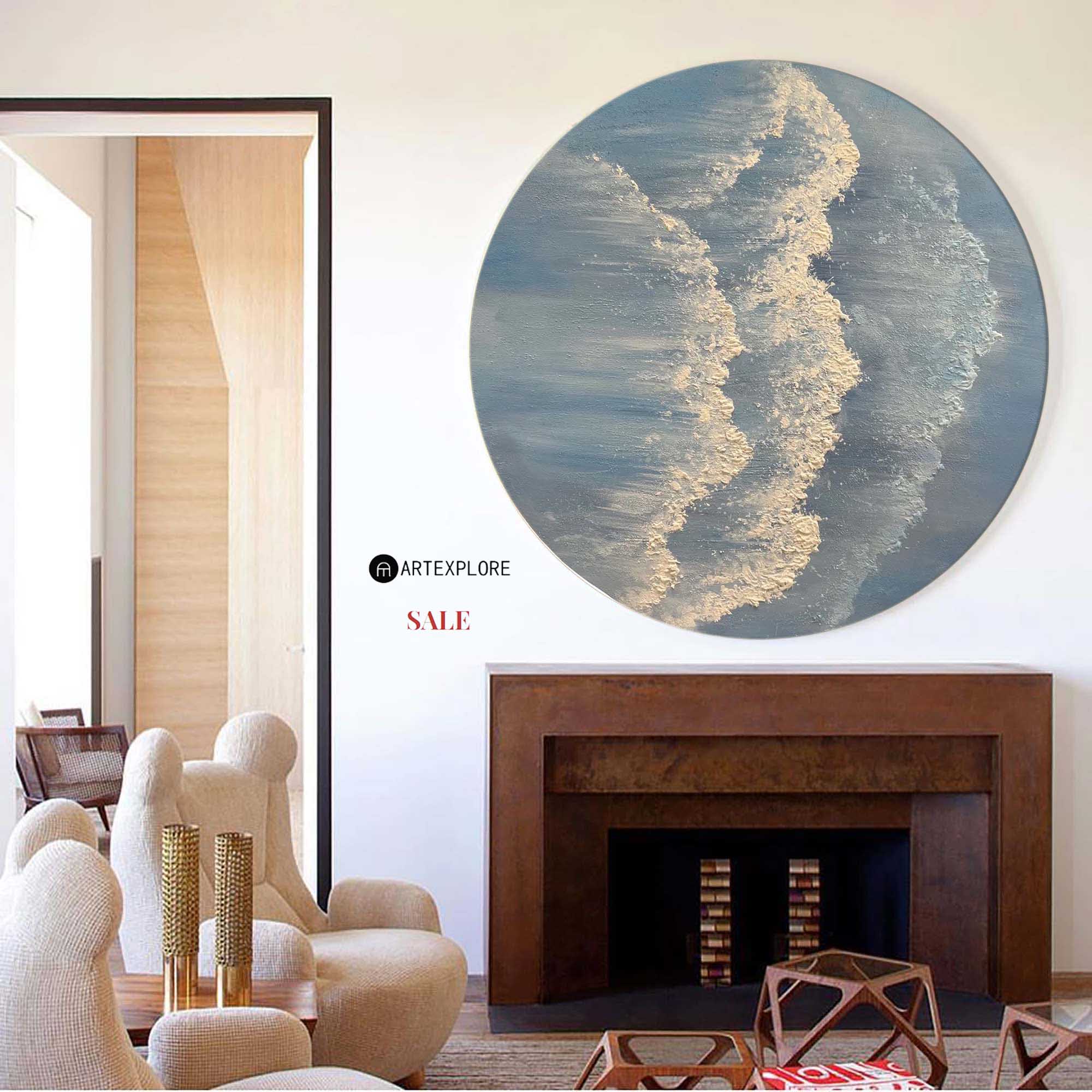 Circular Blue Wave And Ocean Painting Blue Wall Art Framed Painting Modern Abstract Art